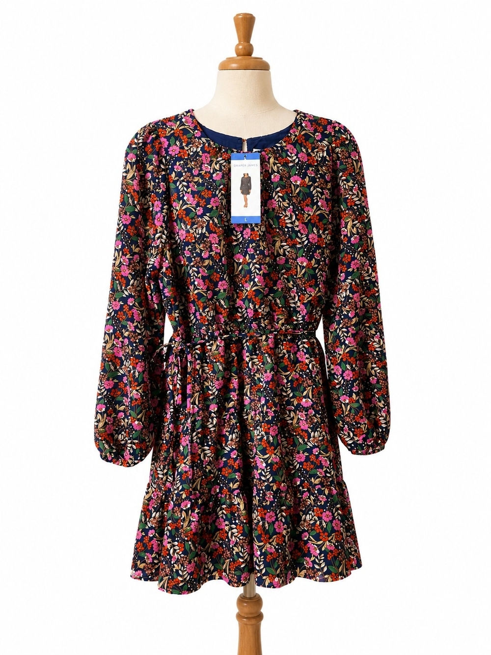 Draper James Navy Floral Long-Sleeve Dress with Pink & Orange Blooms
